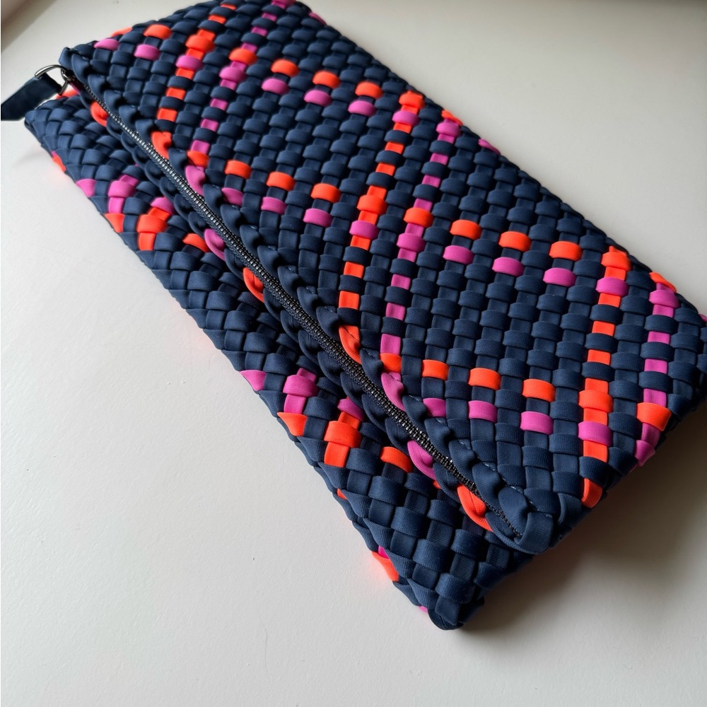 Naghedi Ibiza Foldover Navy Clutch with Bright Pink and Orange Accents